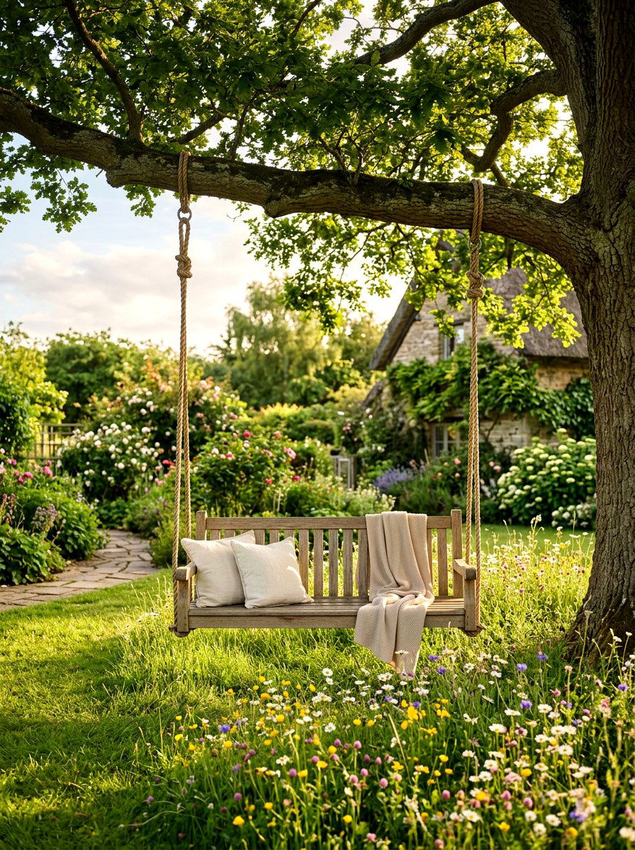 Backyard tree swing - 30 outdoor reading garden ideas
