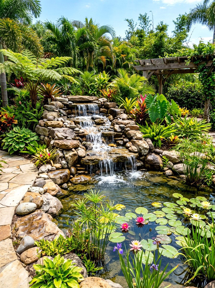 Backyard waterfall landscape - 30 tropical landscaping ideas