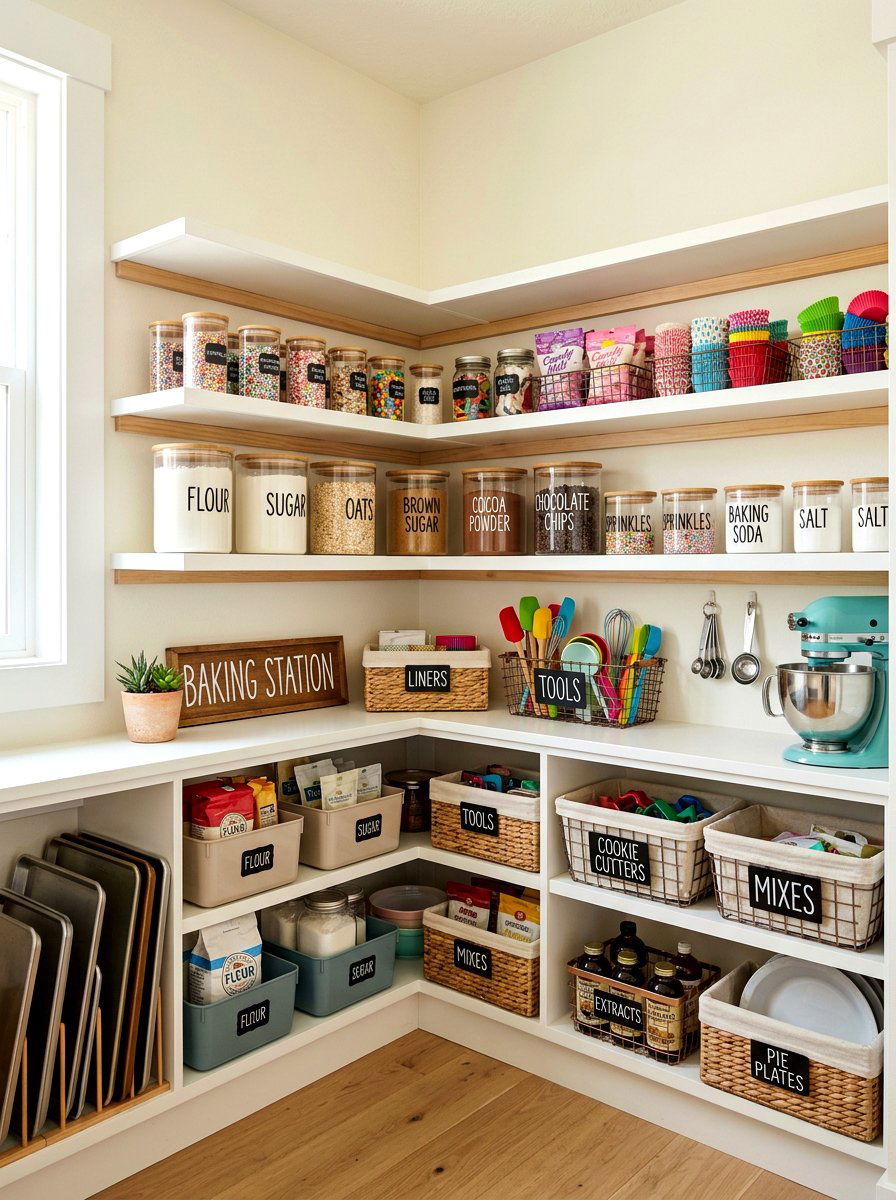 Baking supply station bins - 30 food container organization ideas