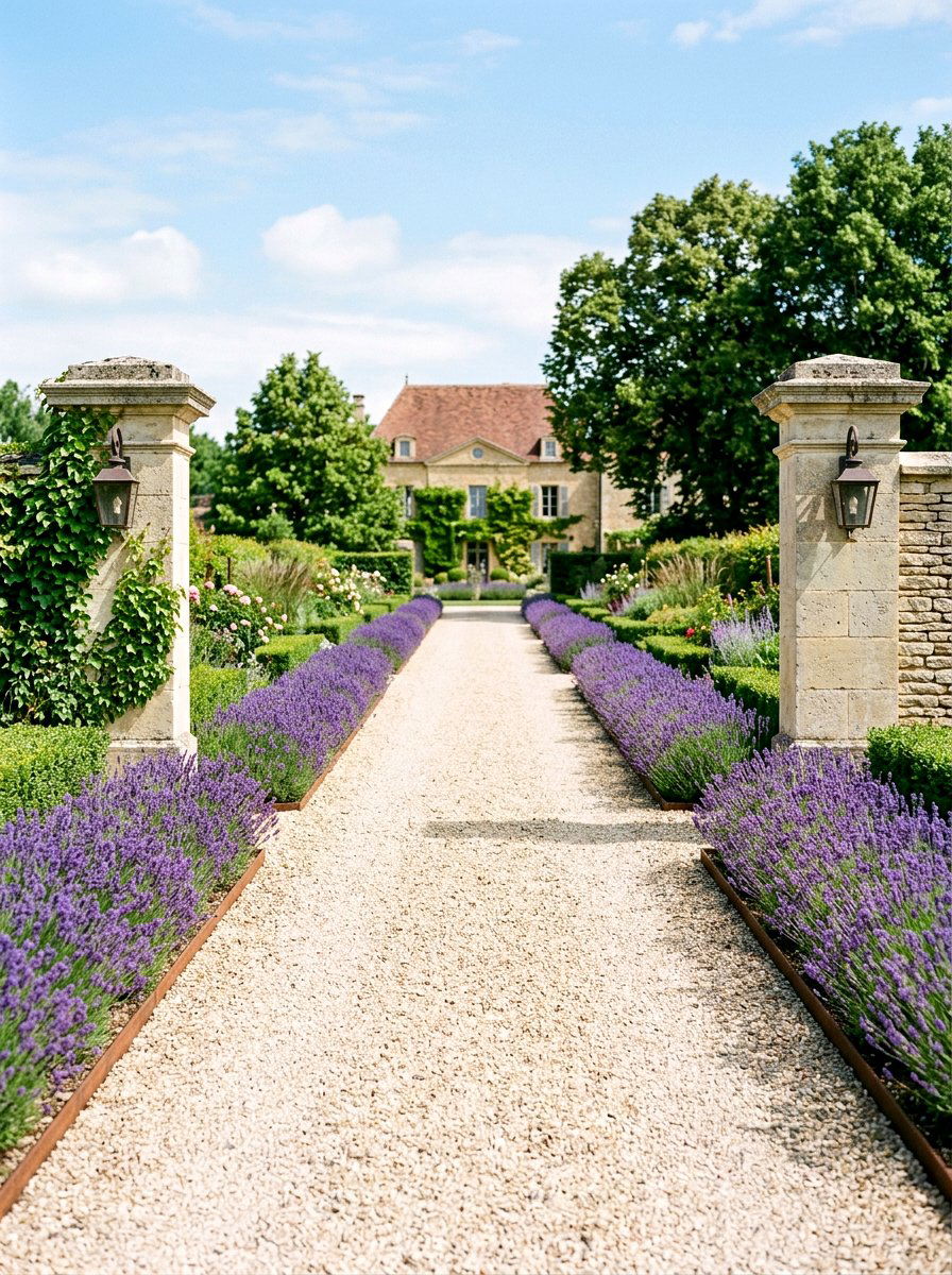Balanced gravel driveway landscaping - 30 symmetrical curb appeal ideas