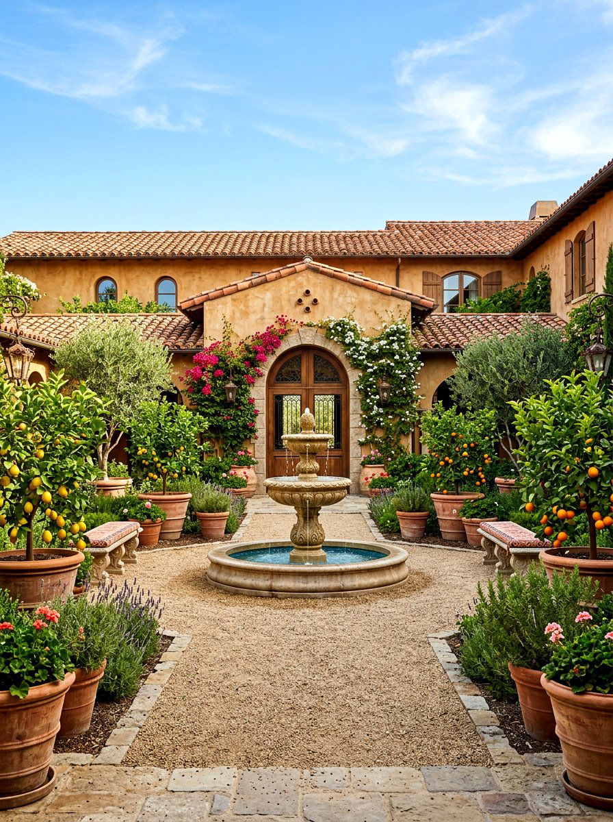 Balanced mediterranean courtyard entrance - 30 symmetrical curb appeal ideas