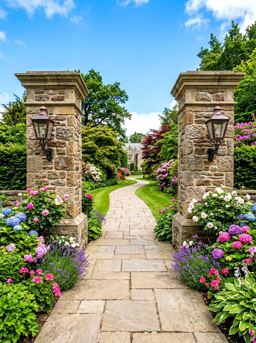 Balanced stone pillar entrance - 30 symmetrical curb appeal ideas