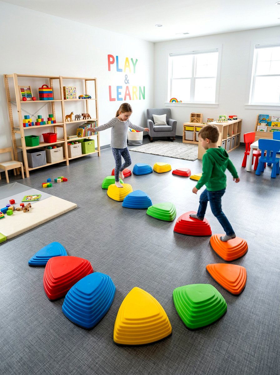 Balancing stepping stones for kids - 30 sensory playroom ideas