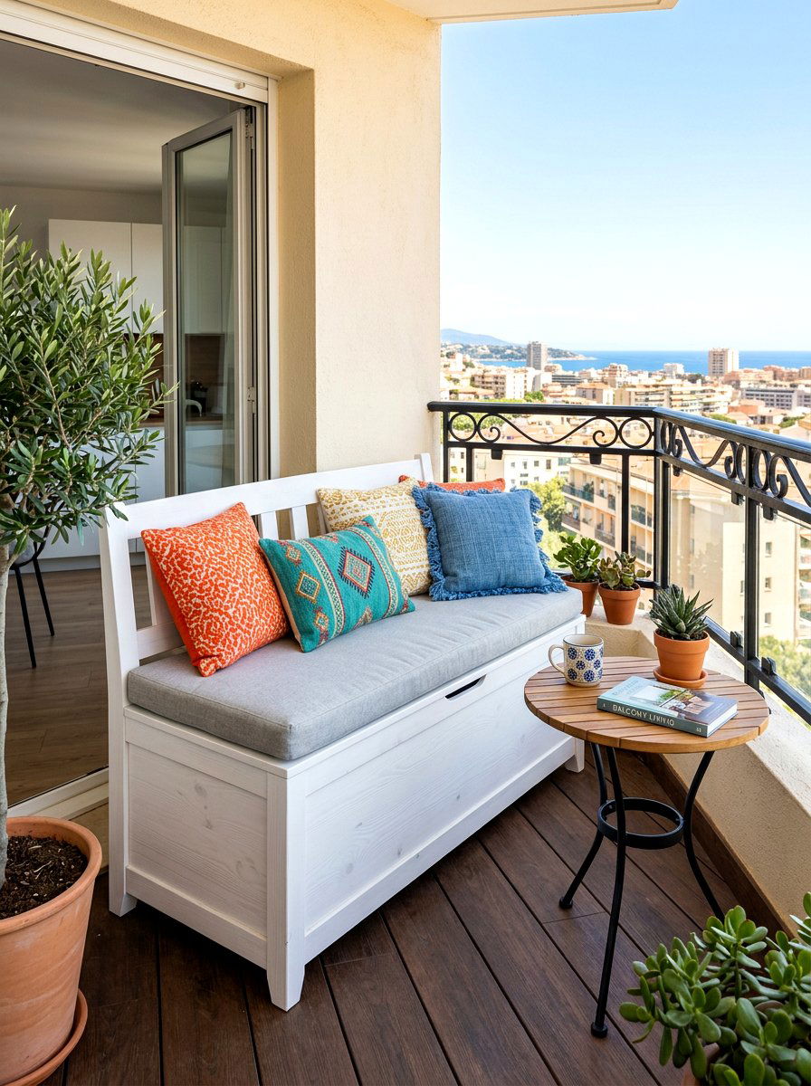 Balcony Storage Bench Seating - 30 balcony cafe apartment ideas