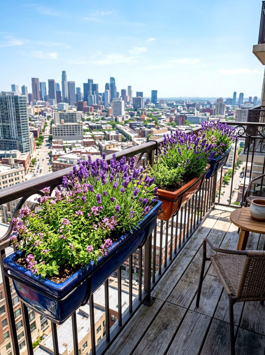 Balcony railing herb planter - 30 apartment herb garden ideas