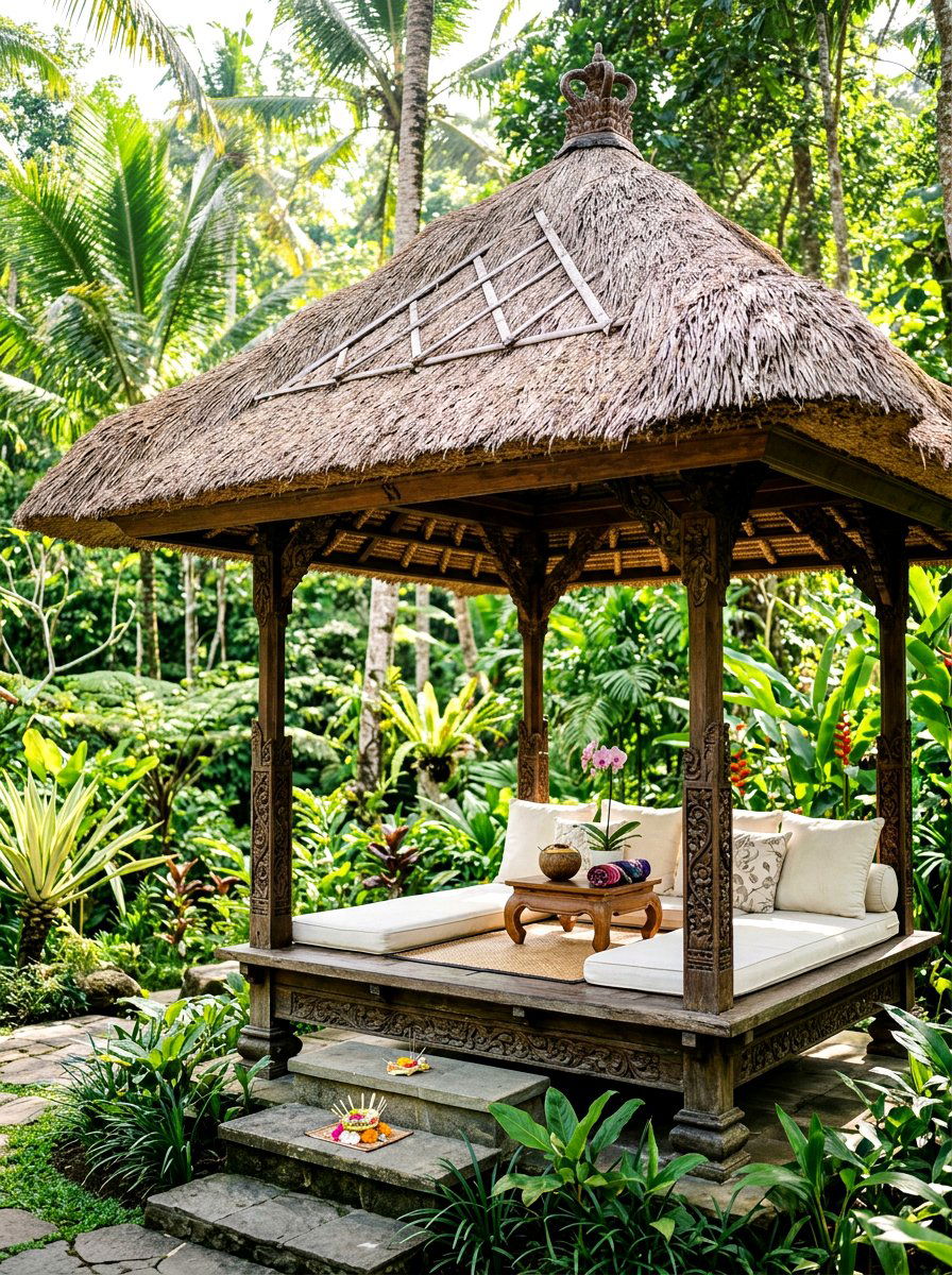 Balinese Thatch Roof Cabana - 30 poolside daybed cabana ideas