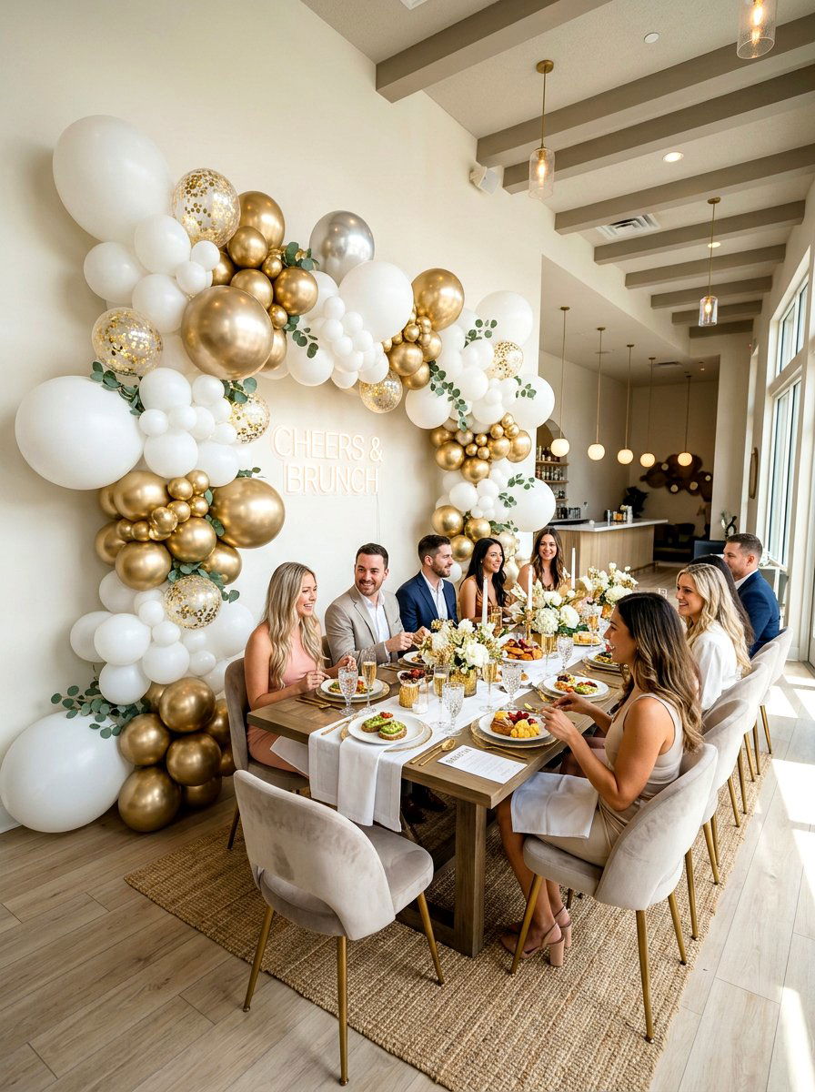 Balloon garland backdrop - 30 New Year brunch table ideas