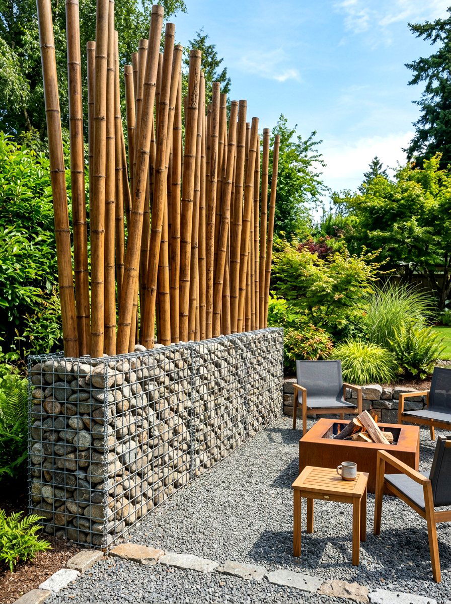 Bamboo And Stone Gabion Wall - 30 bamboo privacy screen ideas
