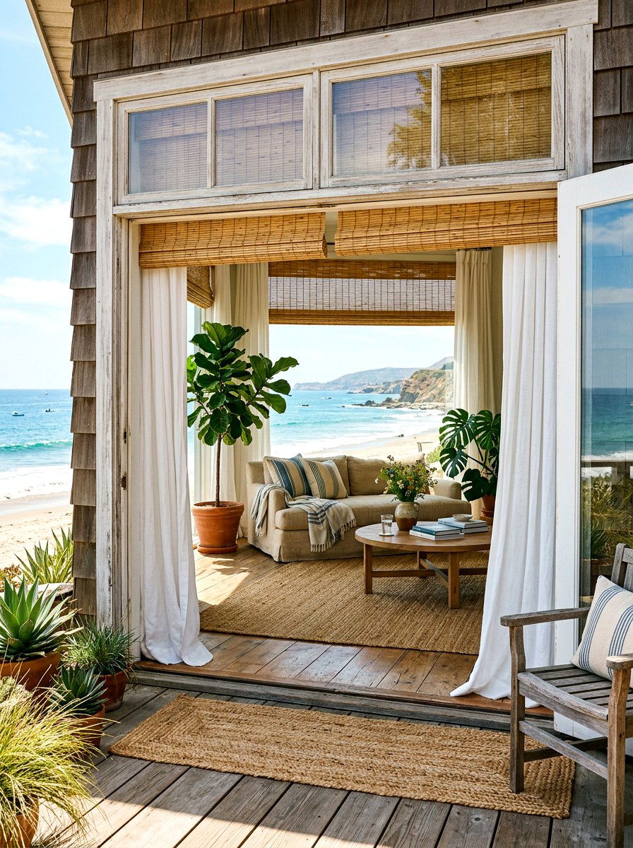 Bamboo Blind With White Linen Drapes - 30 blind and curtain combo ideas