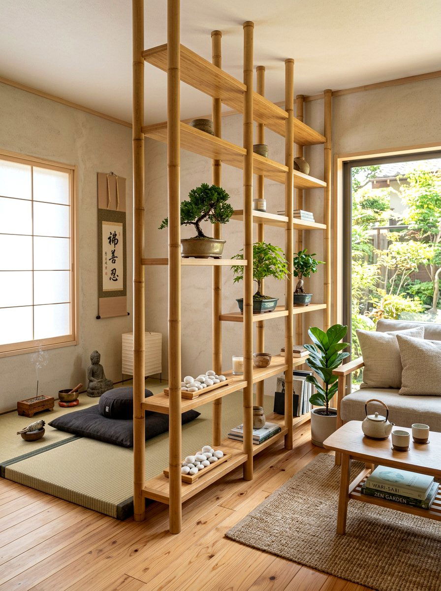 Bamboo Divider Shelf - 30 studio apartment divider shelf ideas