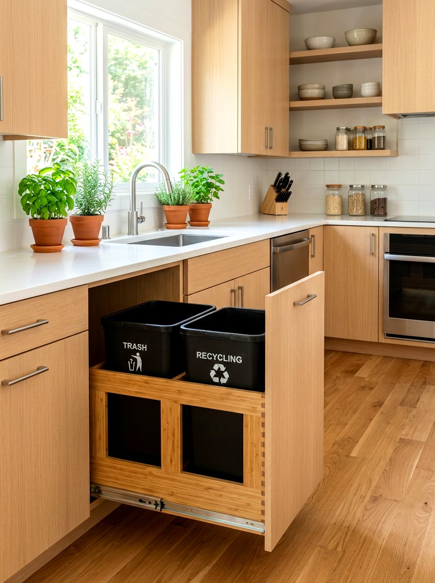 Bamboo Frame Trash Pull Out - 30 kitchen trash pull out ideas