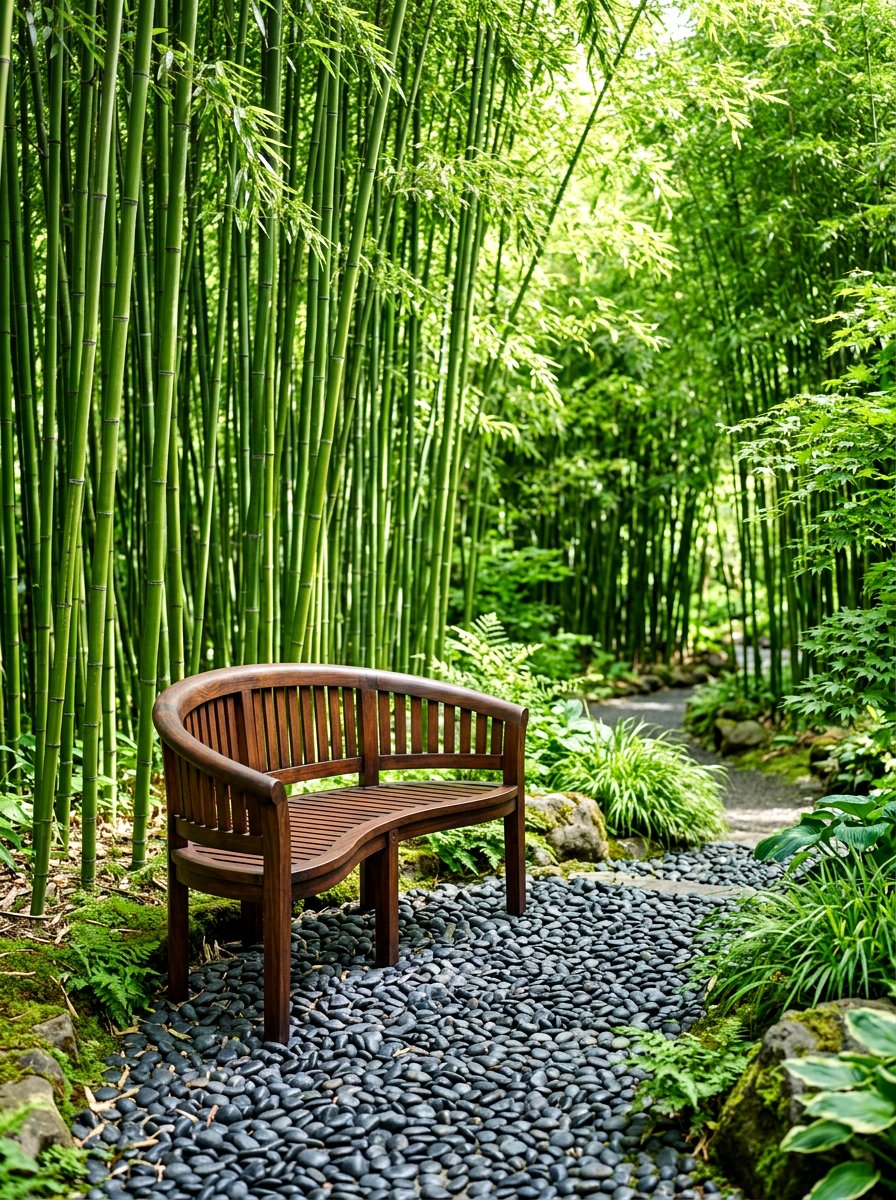 Bamboo Garden With Curved Wood Bench - 30 curved bench garden ideas