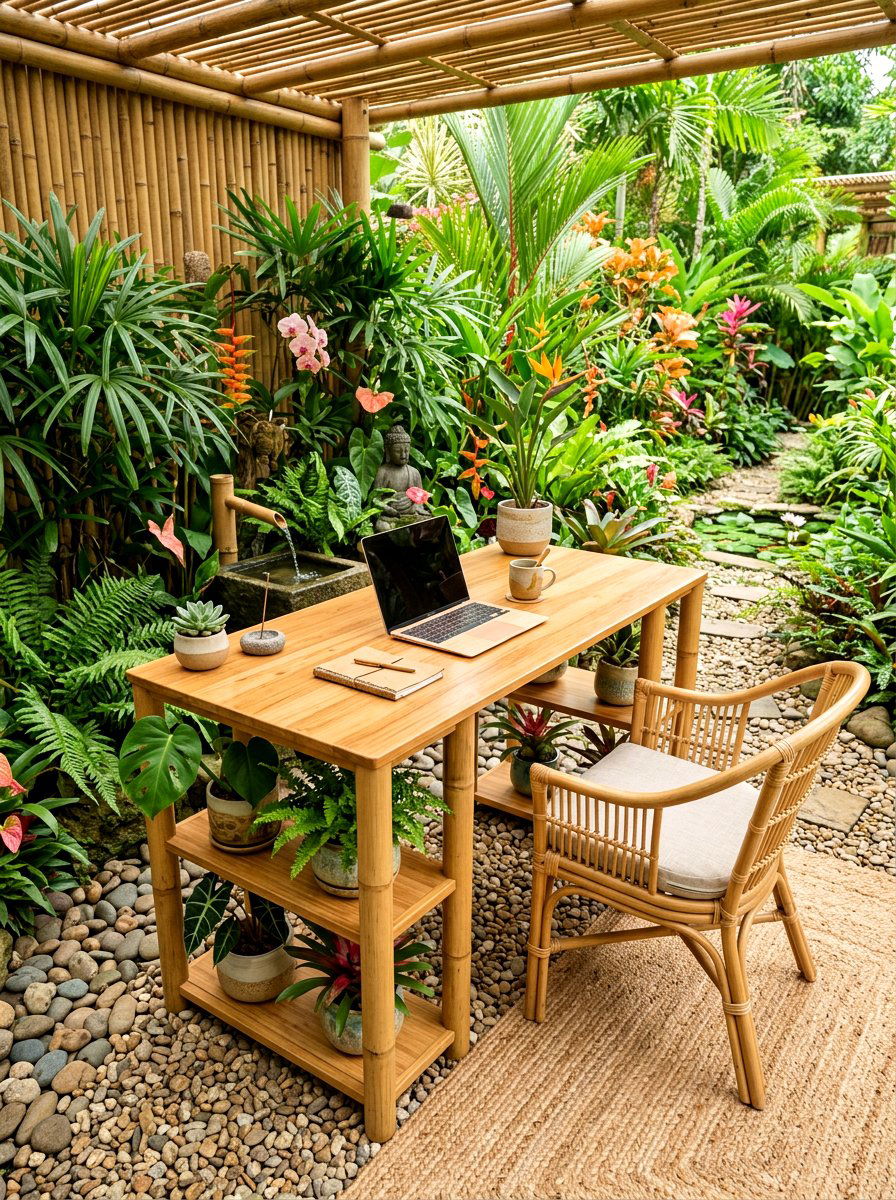 Bamboo Garden Work Station - 30 greenhouse storage bench ideas