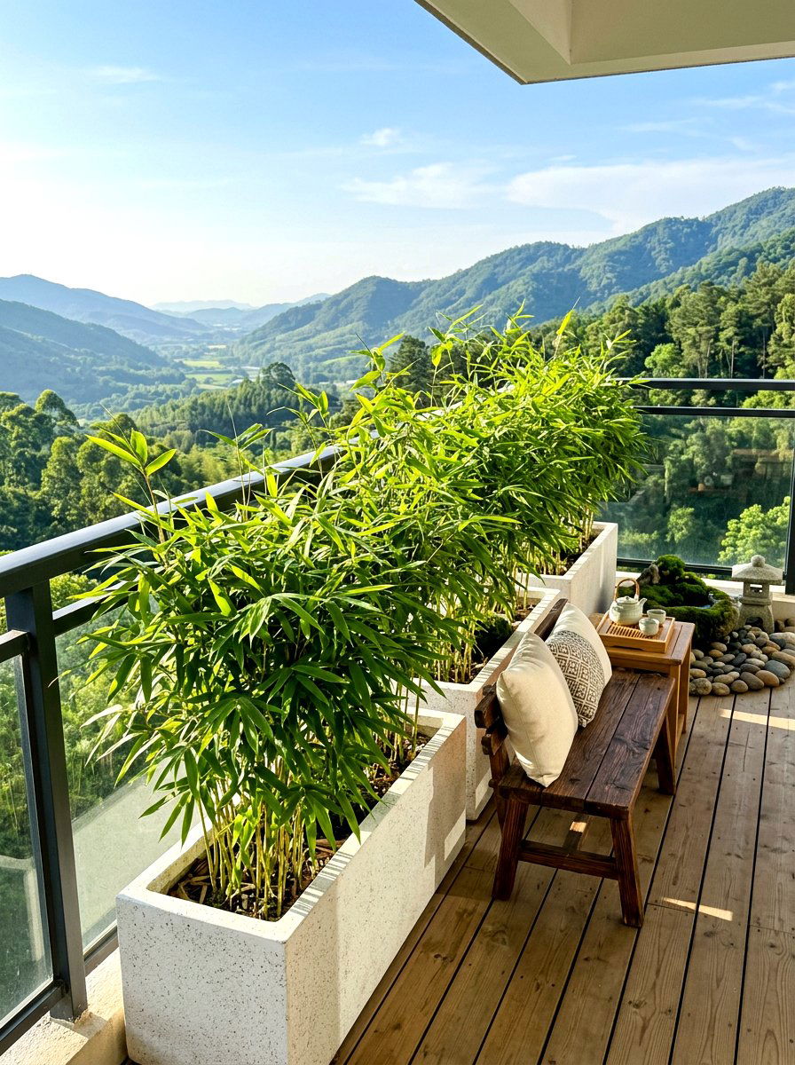 Bamboo In Trough Planters - 30 balcony privacy planter ideas