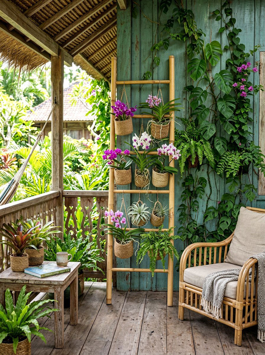 Bamboo Ladder Plant Rack - 30 repurposed ladder garden ideas
