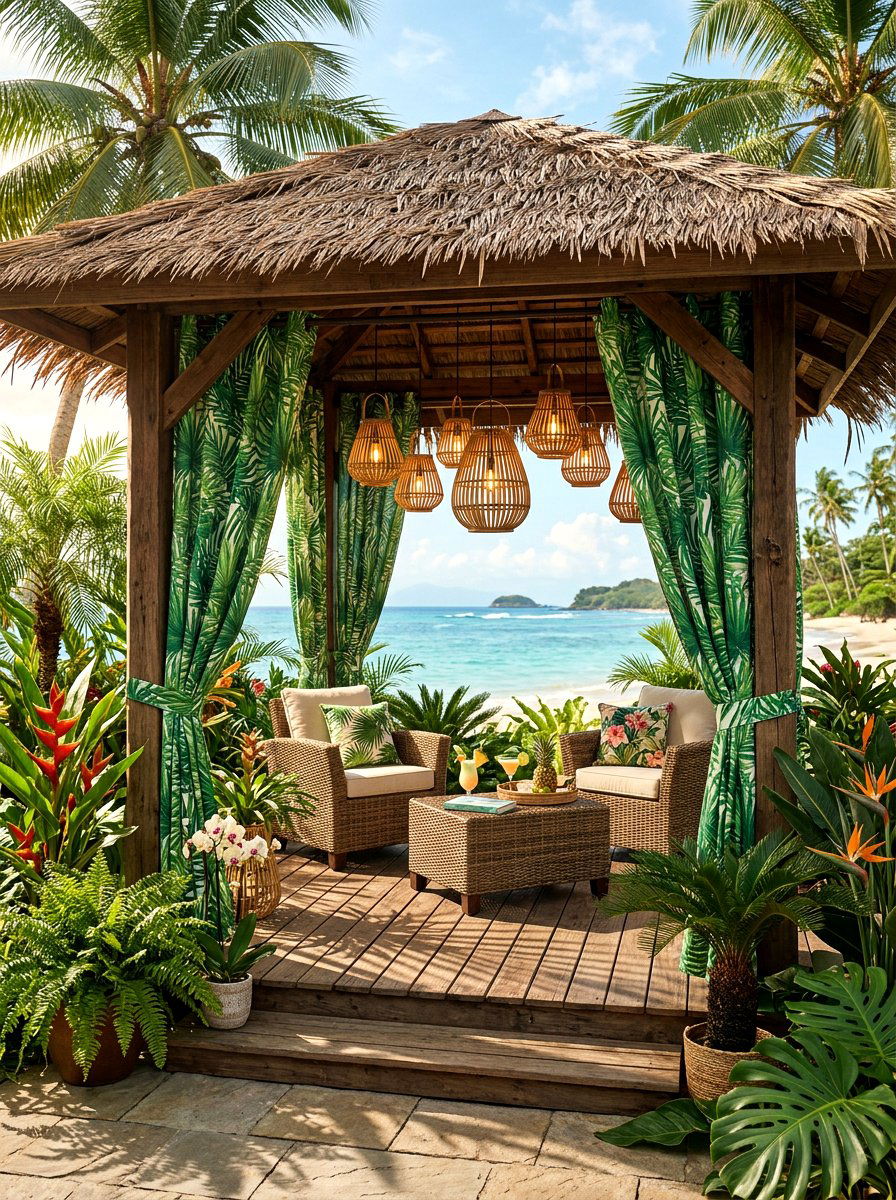 Bamboo Lanterns With Tropical Curtains - 30 gazebo curtain lighting ideas