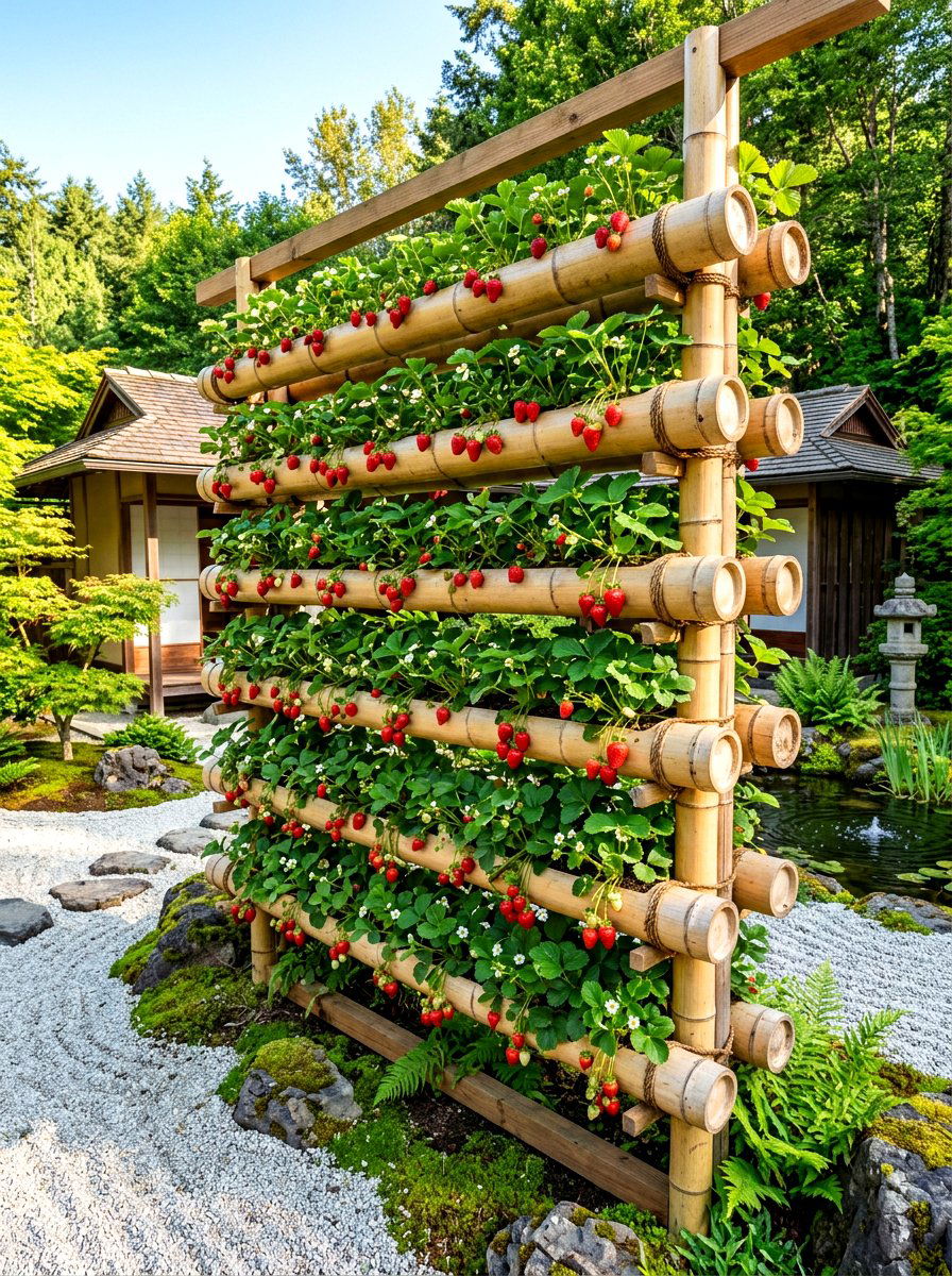 Bamboo Pipe Garden - 30 vertical strawberry garden ideas