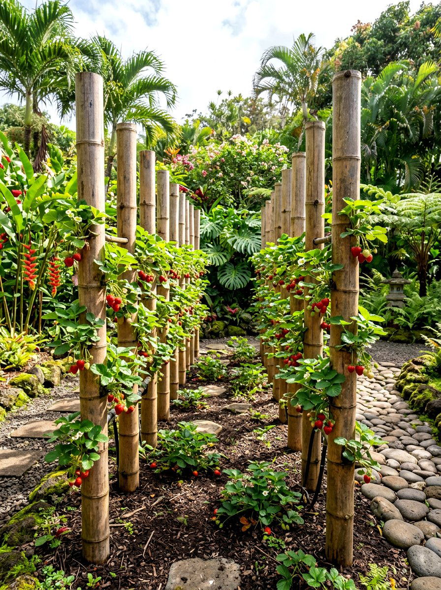 Bamboo Pole Strawberry Garden - 30 strawberry tower ideas