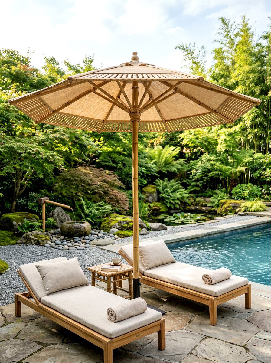Bamboo Poolside Umbrella - 30 poolside umbrella lounge ideas