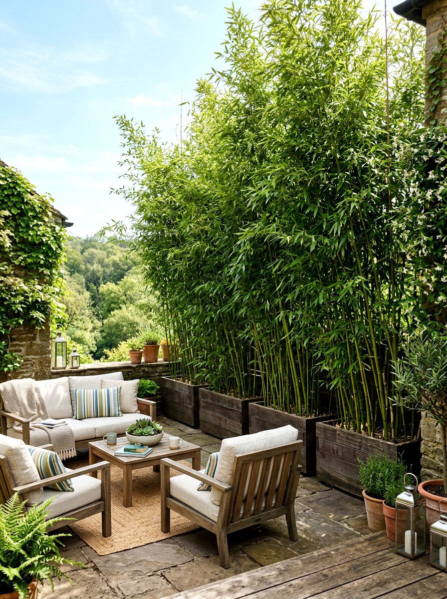 Bamboo Privacy Screen Pot - 30 patio container garden ideas