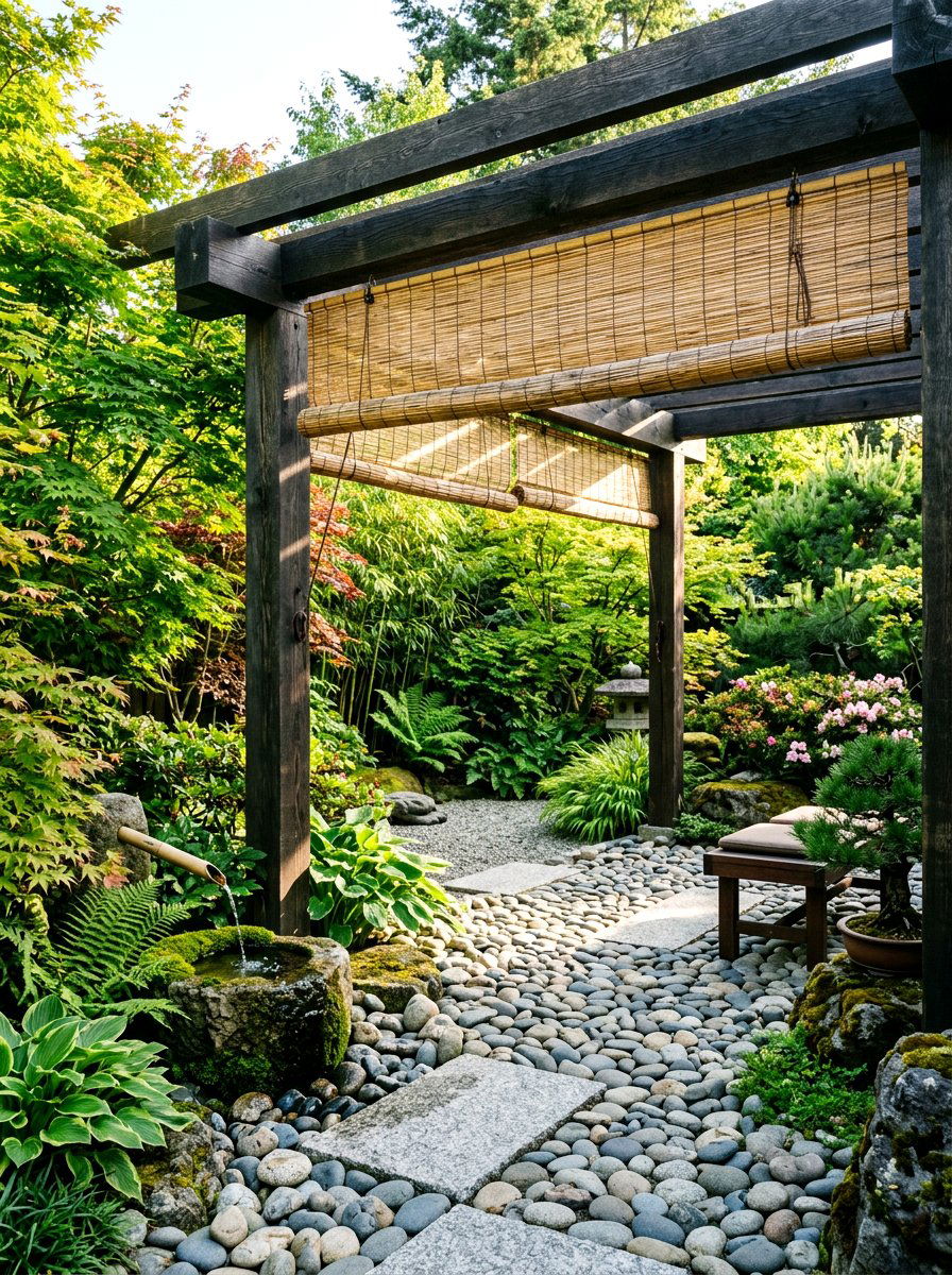 Bamboo Roll Up Shade - 30 retractable pergola shade ideas