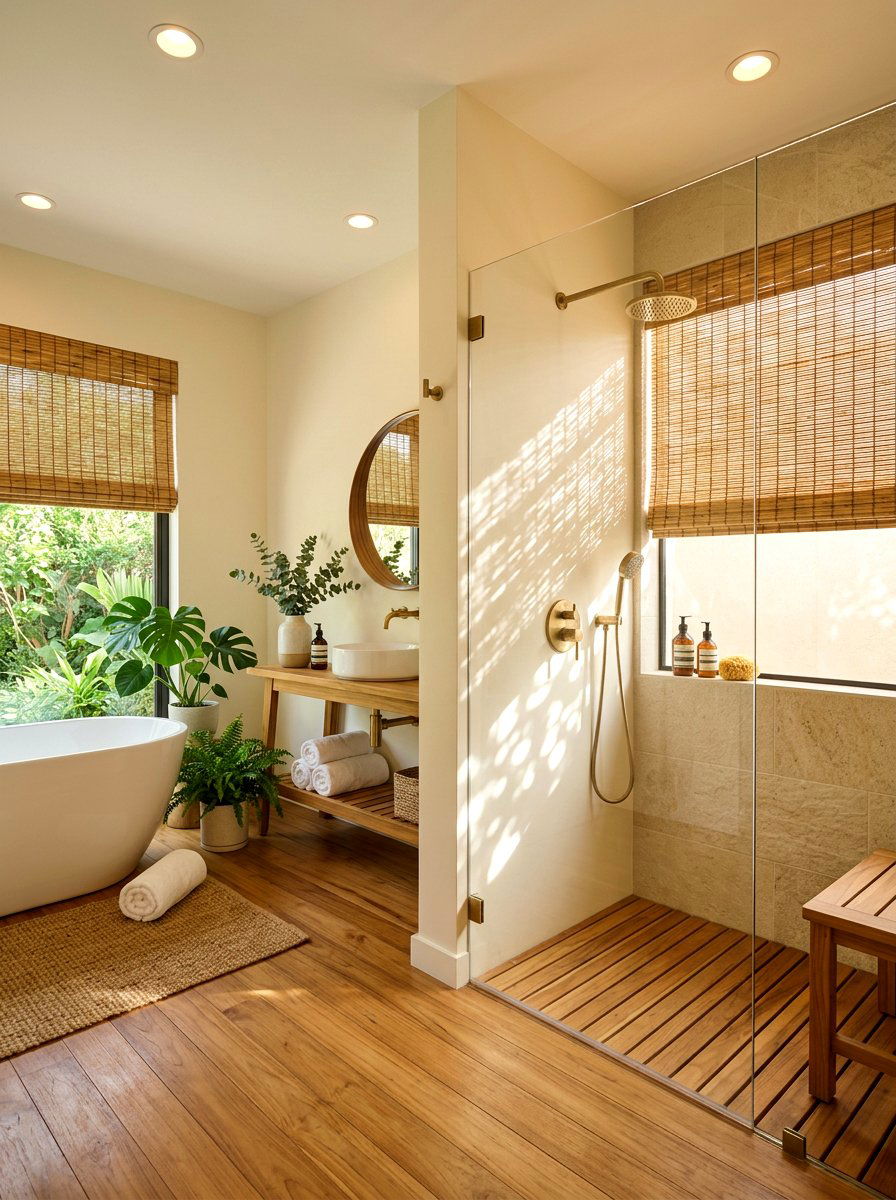 Bamboo Roll Up Shades - 30 shower window privacy ideas