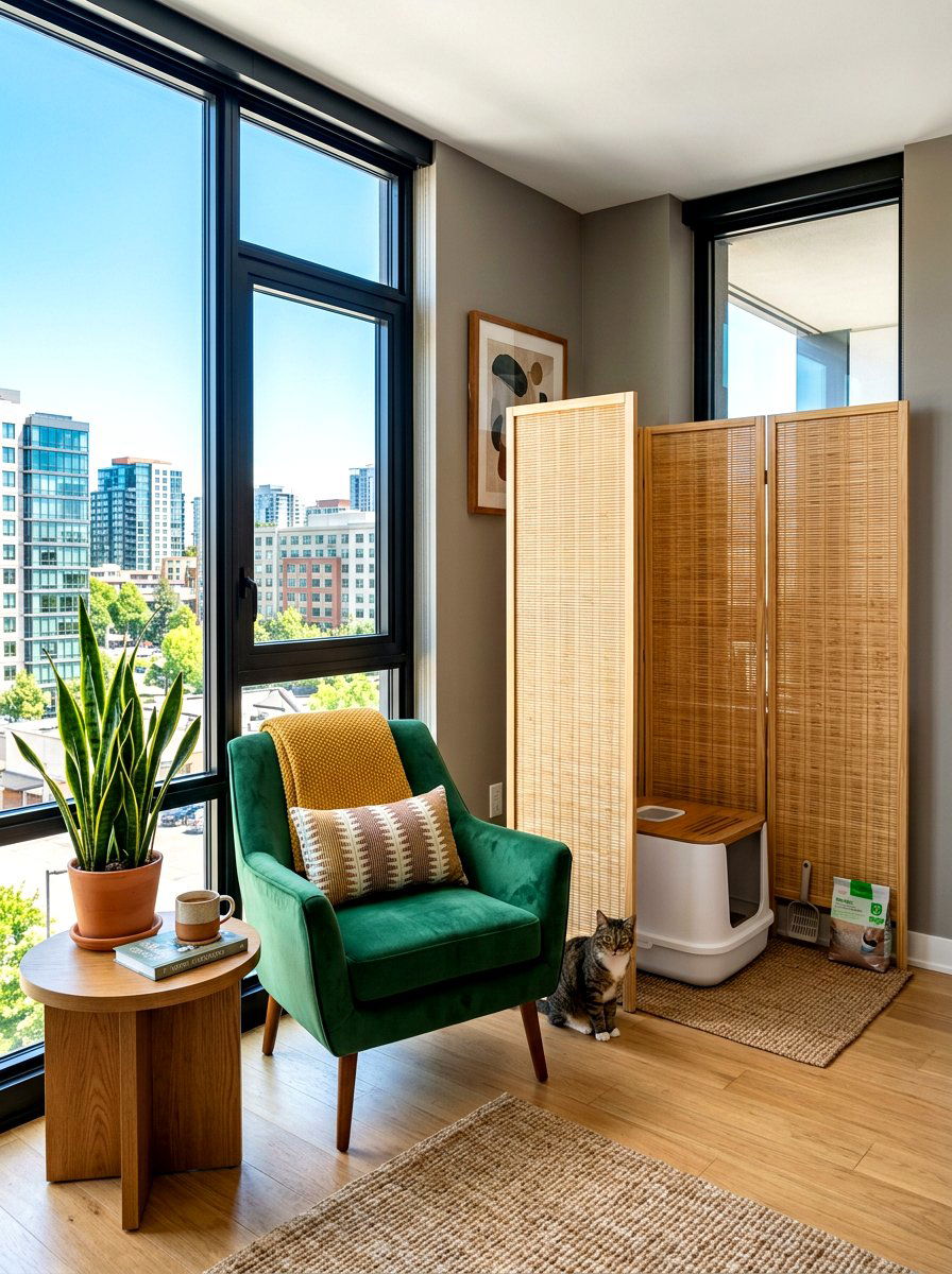 Bamboo Screen Litter Box Partition - 30 hidden litter area ideas aesthetic