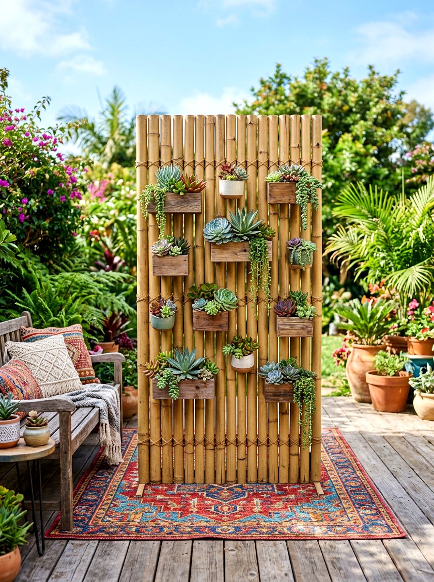Bamboo Screen With Succulent Planters - 30 bamboo privacy screen ideas