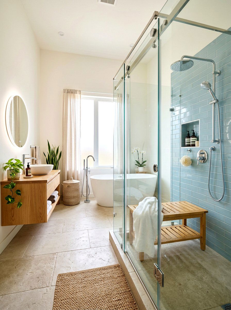 Bamboo Shower Bench - 30 sound bath bathroom ideas