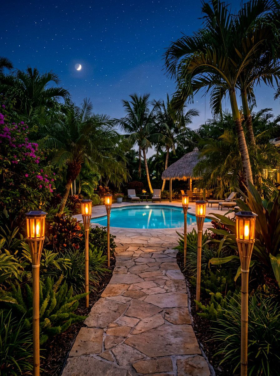Bamboo Solar Torch Path Lights - 30 solar path lantern ideas