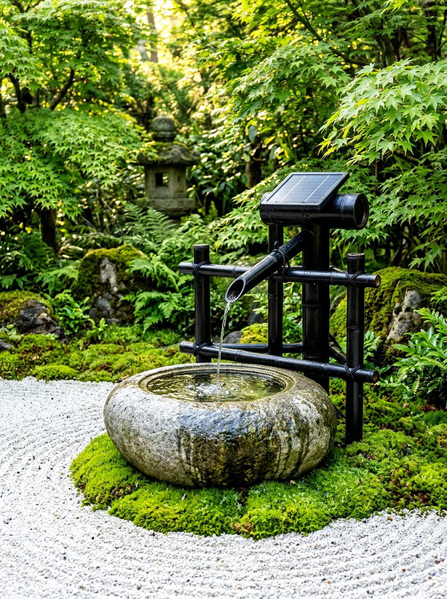 Bamboo Solar Water Spout - 30 solar fountain ideas