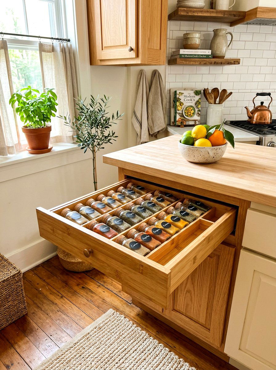Bamboo Spice Drawer Tray - 30 spice drawer ideas