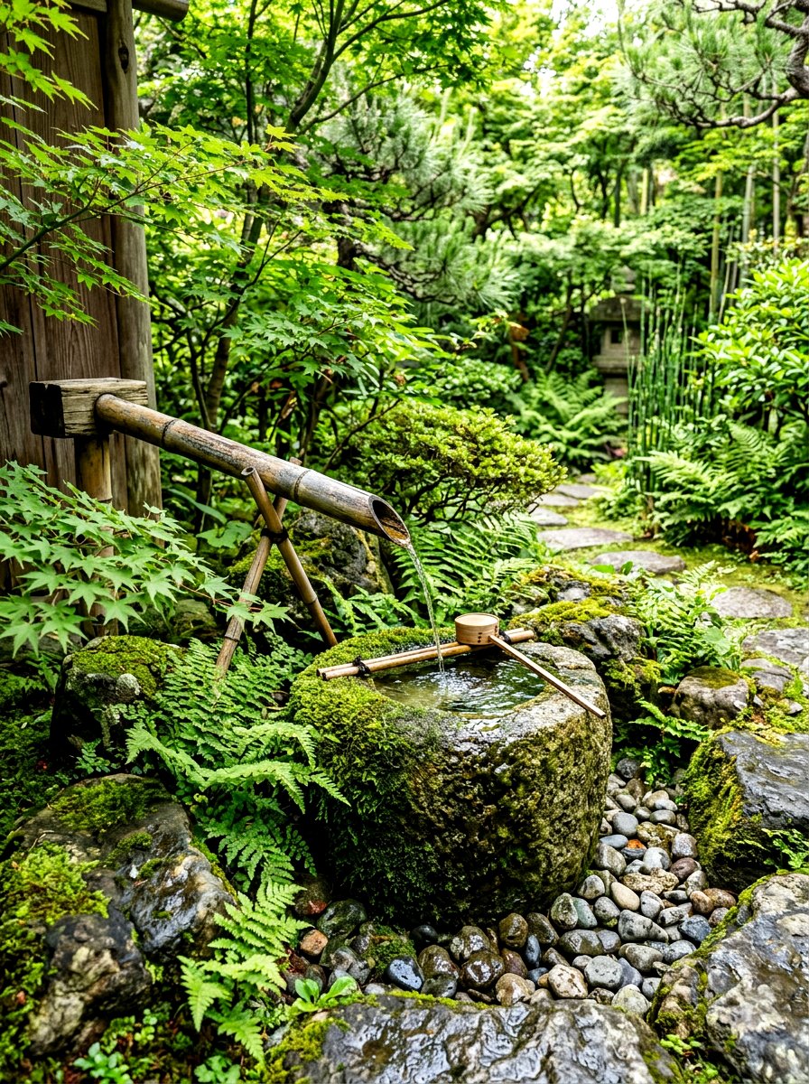 Bamboo Spout Basin - 30 outdoor courtyard fountain ideas