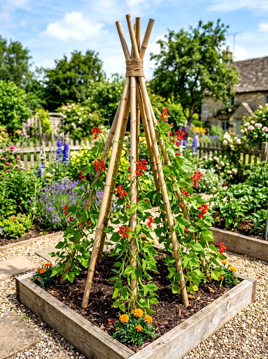 Bamboo Teepee Plant Support - 30 raised bed trellis ideas