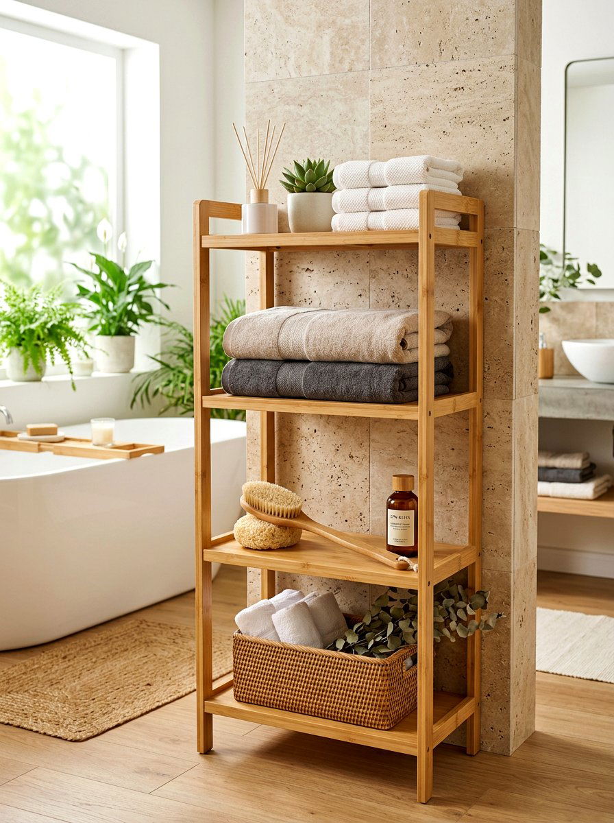 Bamboo Tiered Bathroom Shelf - 30 bathroom shelf decor ideas