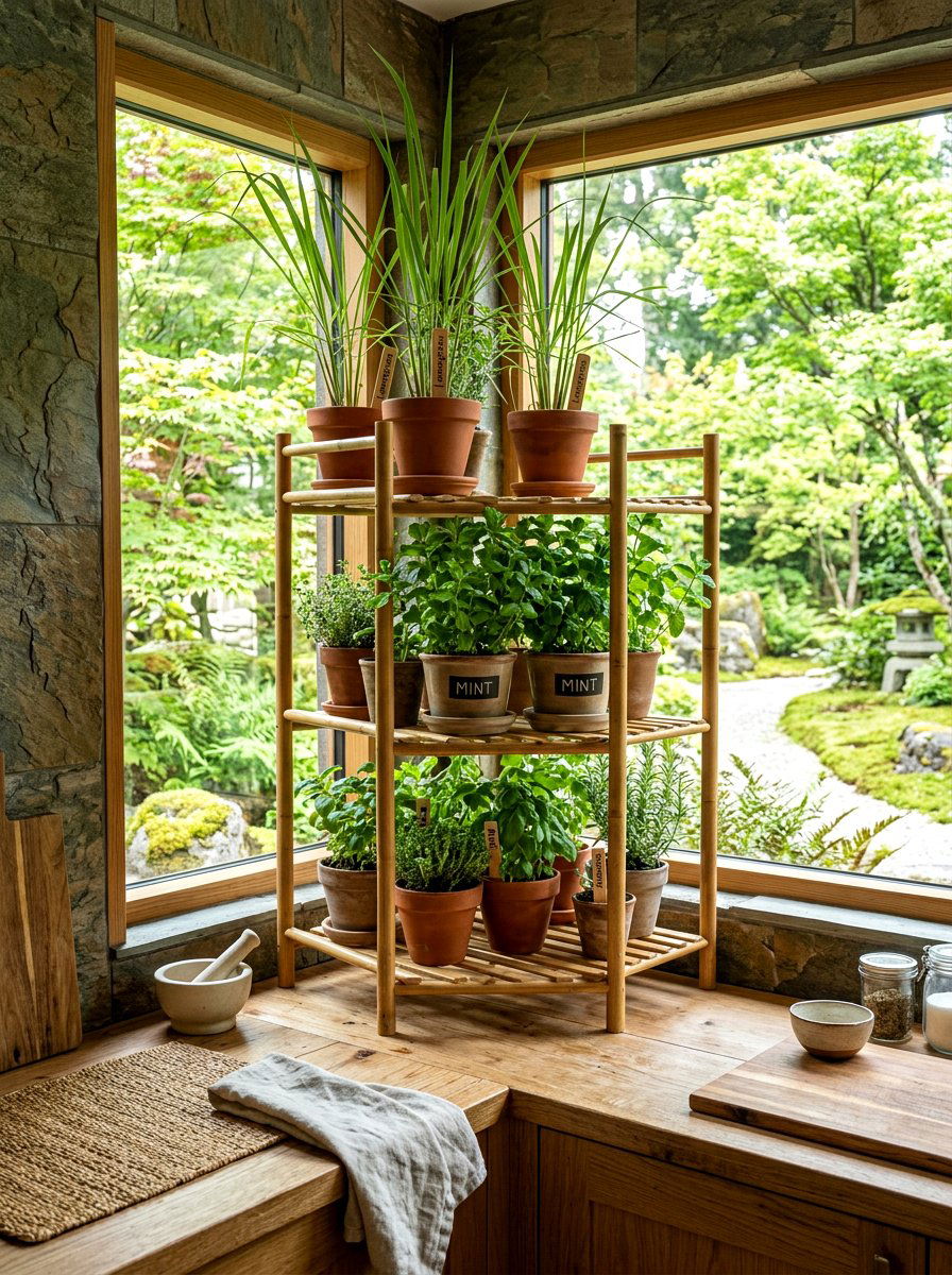 Bamboo Tiered Herb Shelf - 30 indoor herb shelf ideas