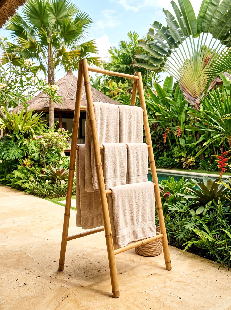 Bamboo Towel Stand - 30 outdoor towel storage ideas