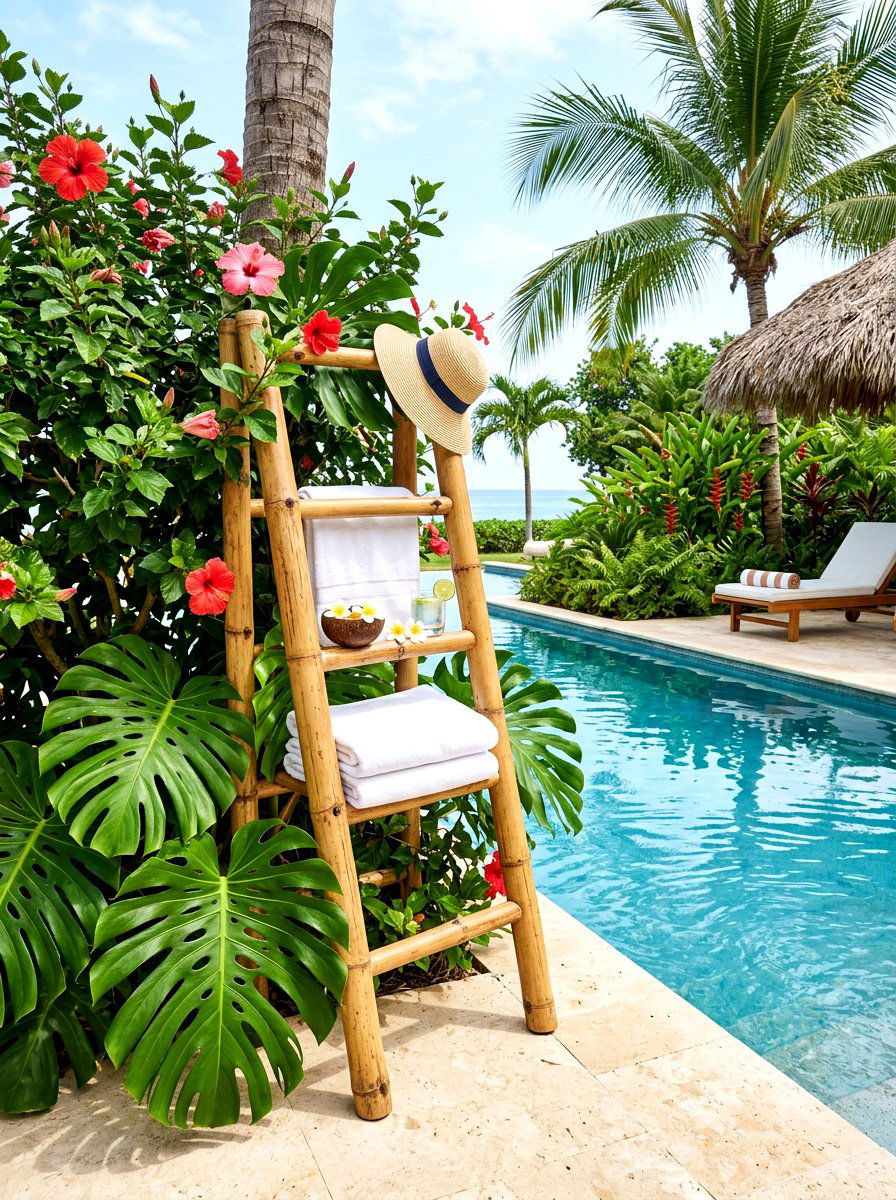 Bamboo Tropical Ladder Stand - 30 ladder planter ideas