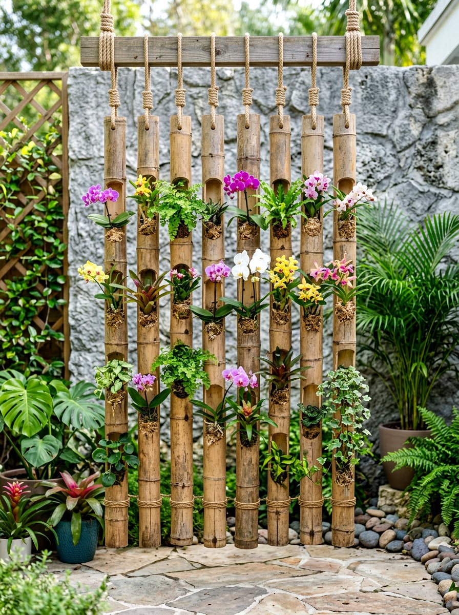 Bamboo Vertical Planter - 30 vertical flower garden ideas