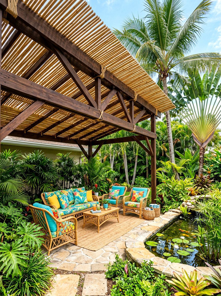 Bamboo Wood Framed Roof - 30 wood patio cover ideas