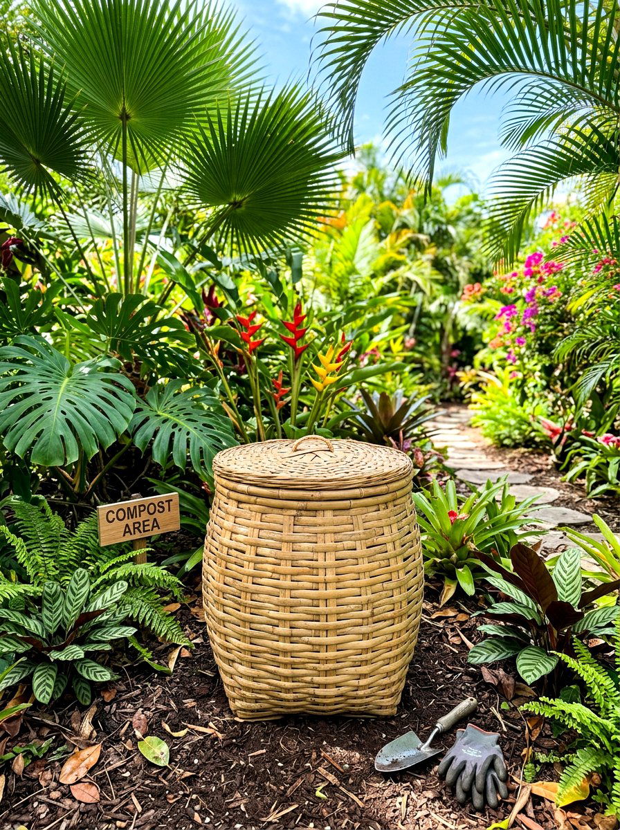 Bamboo Woven Compost Basket - 30 compost corner ideas