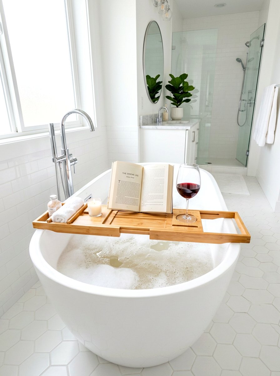 Bamboo bathtub tray caddy - 30 renter safe bathroom shelf ideas