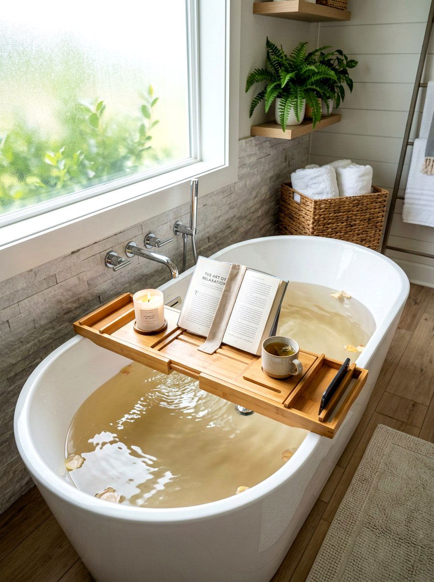 Bamboo bathtub tray - 30 renter friendly bathroom decor ideas