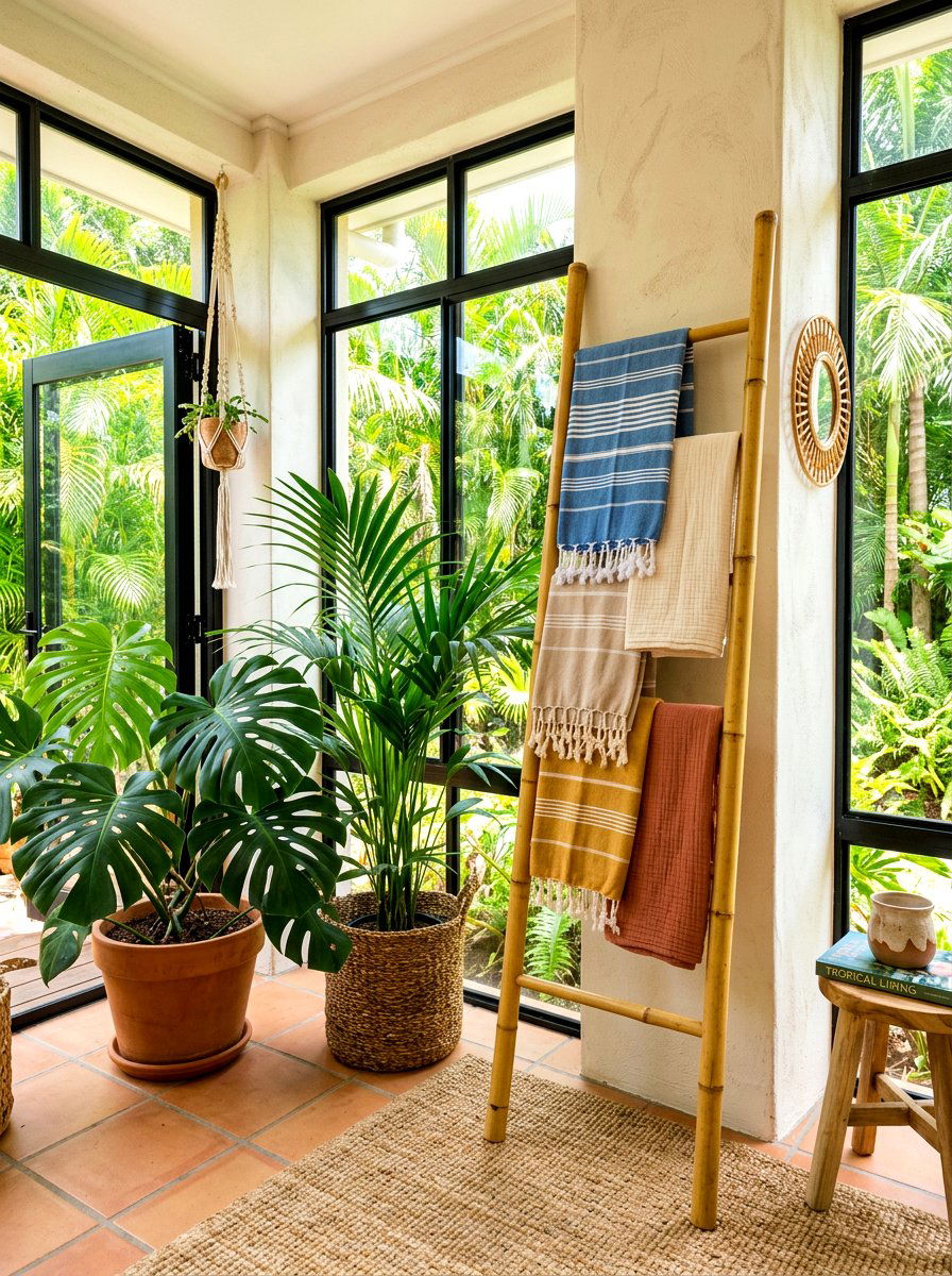 Bamboo blanket ladder - 30 corner ladder blanket ideas