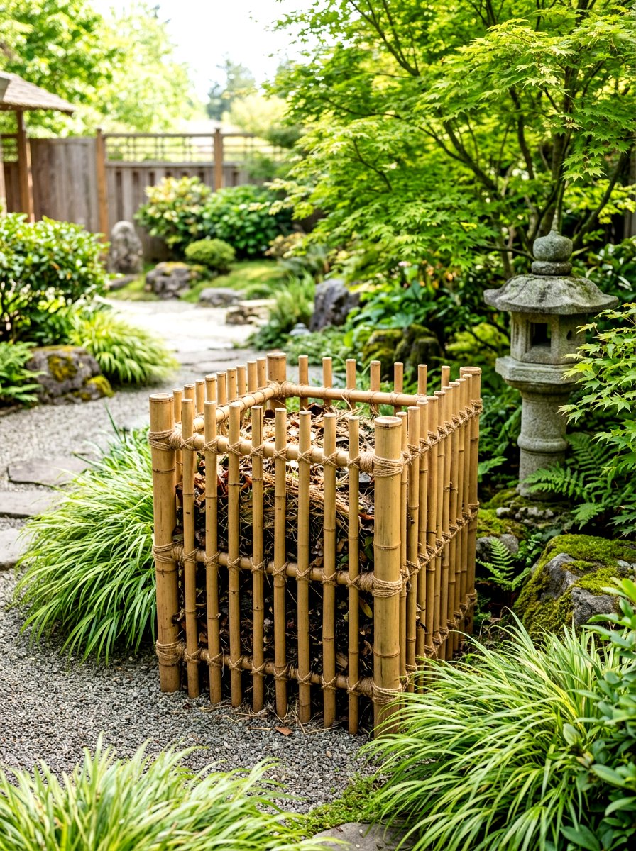 Bamboo compost bin - 30 compost corner garden ideas