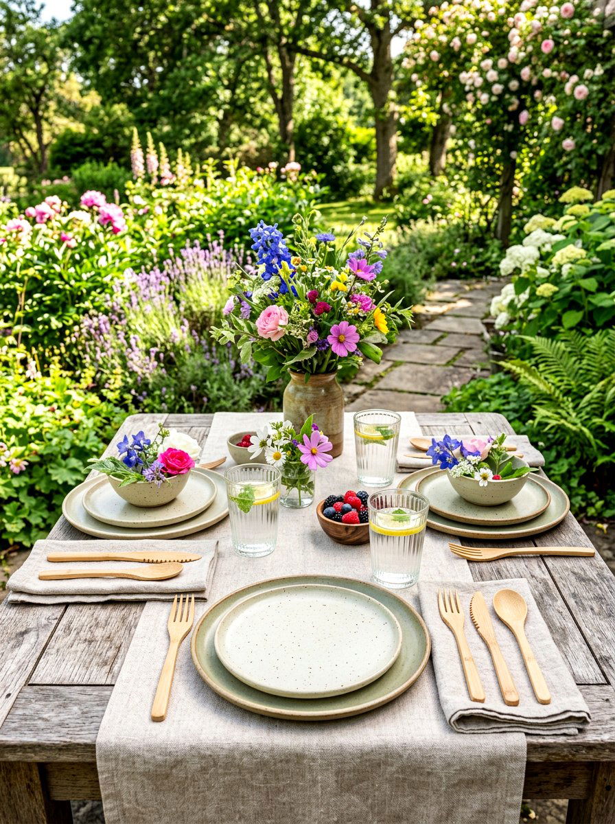 Bamboo flatware organic table setting - 30 garden salad tablescape ideas