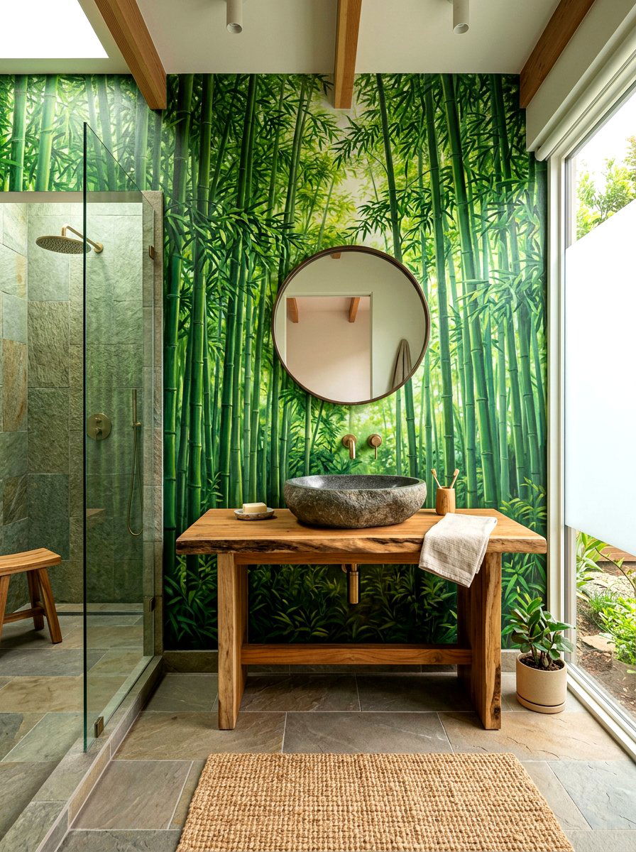Bamboo forest bathroom mural - 30 mural bathroom ideas