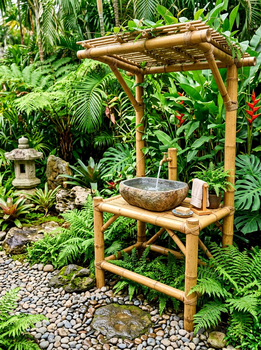 Bamboo frame outdoor wash station - 30 outdoor sink station ideas