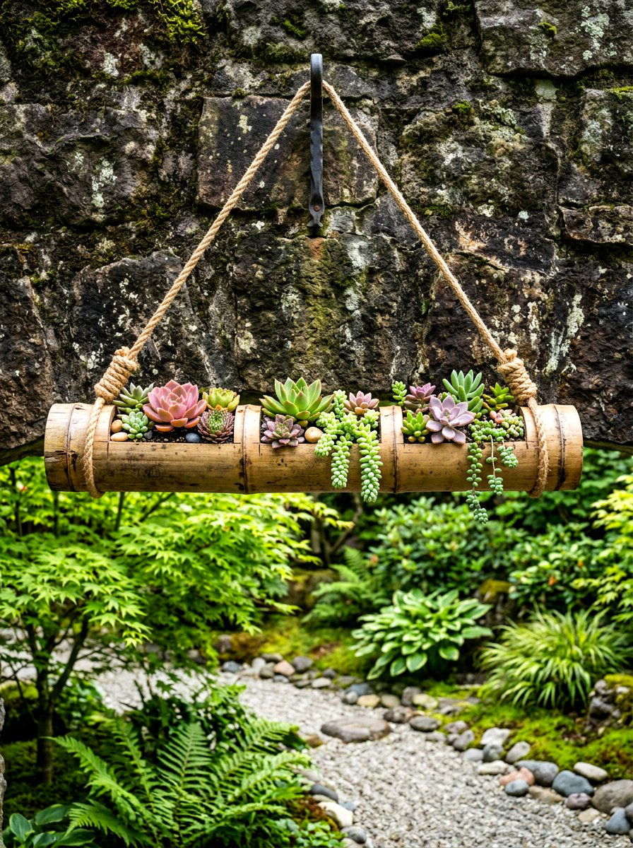 Bamboo garden pipe - 30 hanging container garden ideas