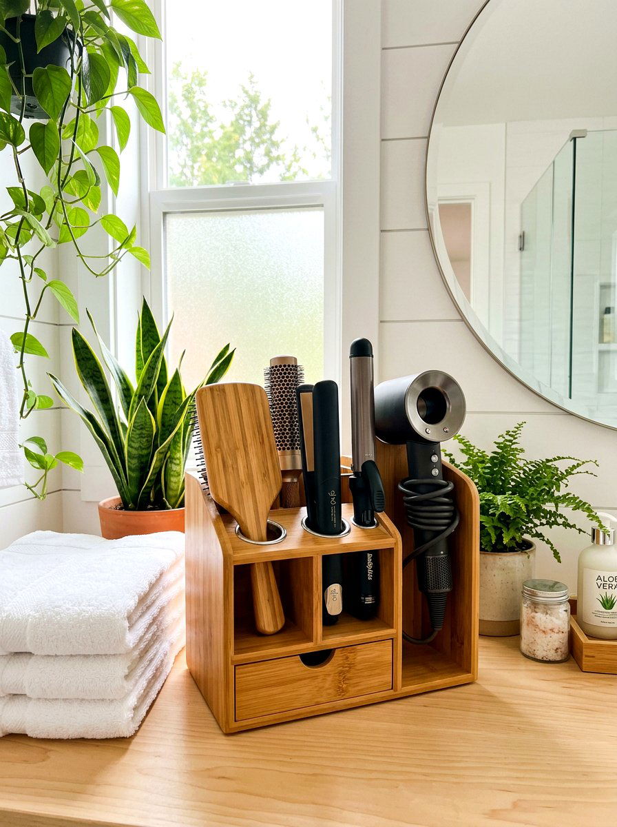 Bamboo hair tool organizer - 30 hair tool storage ideas